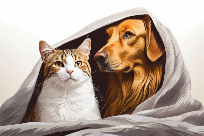 一只可爱的金毛狗和猫咪盖着毯子