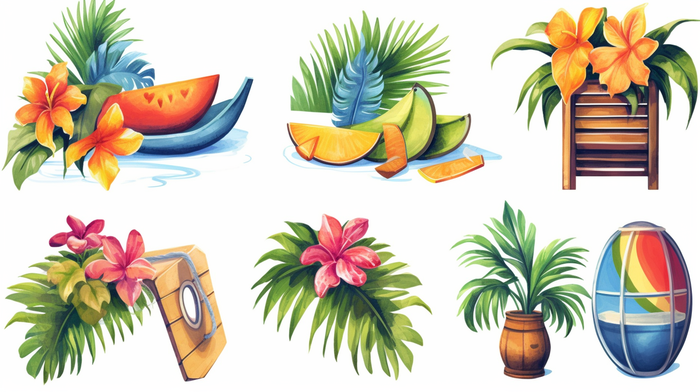 夏日炎热热带植物海边元素卡通插画(x)