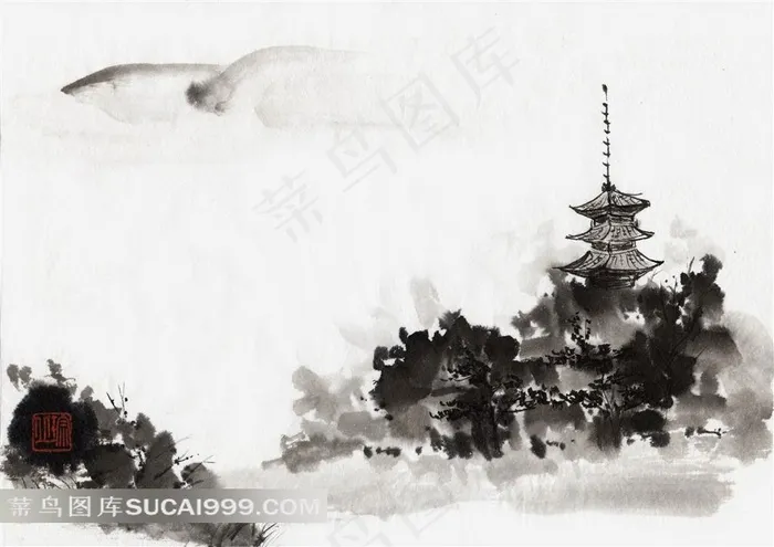 山上的亭子水墨画