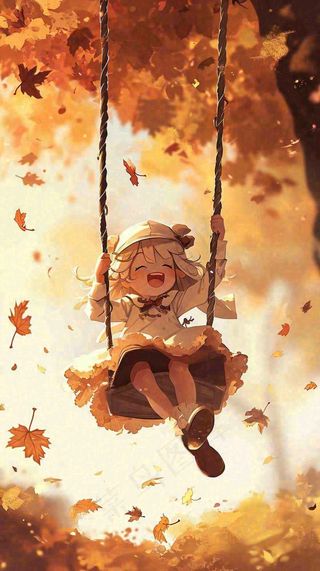 秋天秋叶树下卡通女孩荡秋千手绘插画，唯美落叶