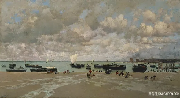 海景船唯美风景画油画