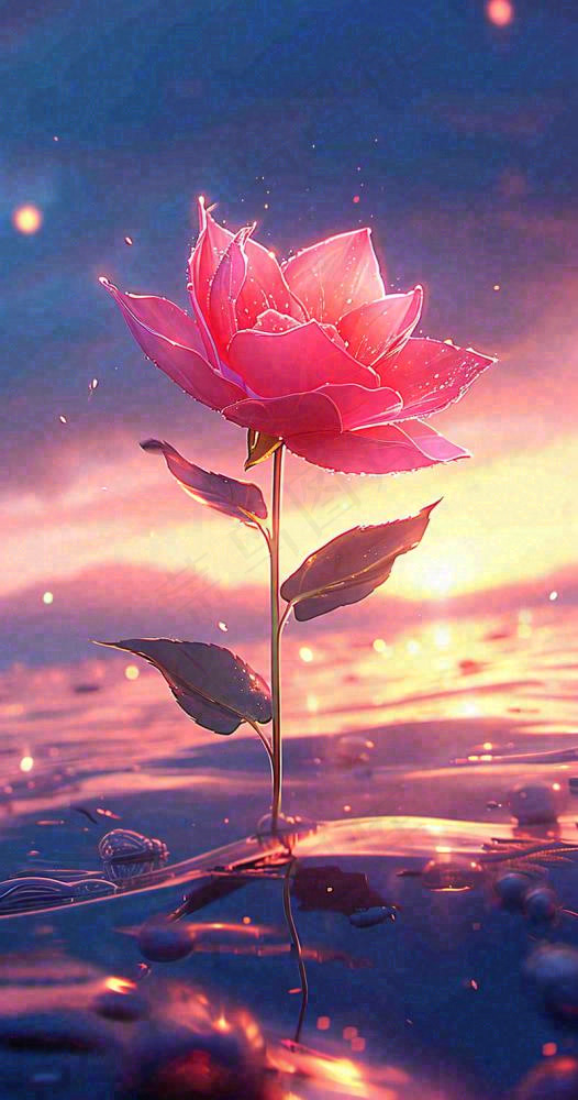 海平面上渐变落日前的一支粉色玫瑰花鲜花花朵，鲜艳爱情(800x1520)