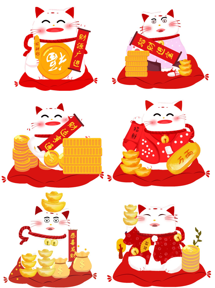 手绘卡通财神猫金红色挂画psd模版下载