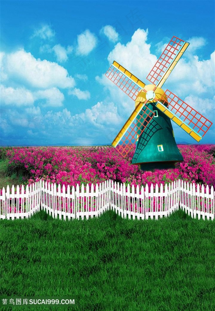 风车花圃风景画