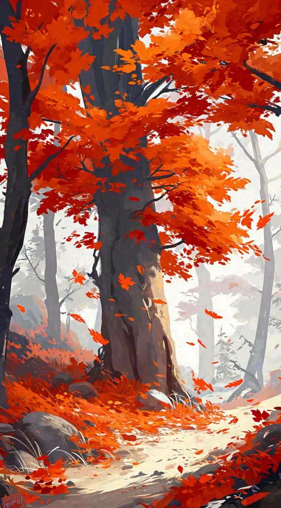 秋天红色秋叶树落叶温馨自然风景，立秋手绘插画(816x1472)