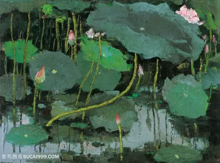 吴冠中手绘莲花荷塘美景装饰画