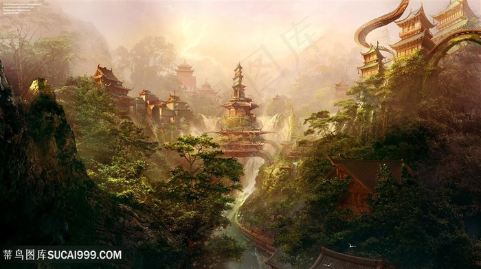 飞翔的白龙寺庙中国风CG原画绘画图片