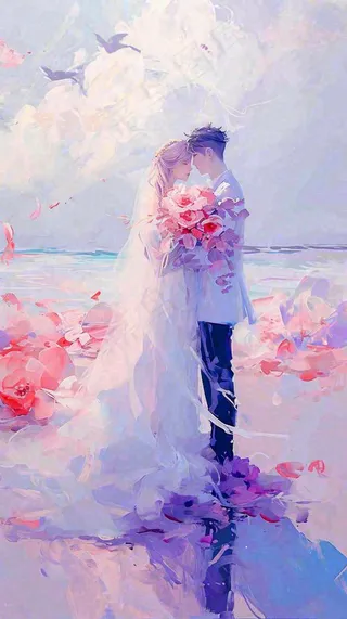 海边爱情情侣浪漫拥抱接吻，情人节婚纱照手绘插画