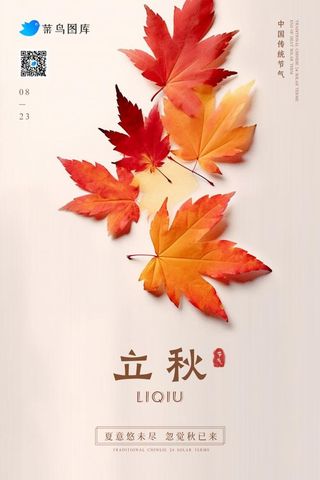 立秋秋叶橙红色意境简约大气节气海报