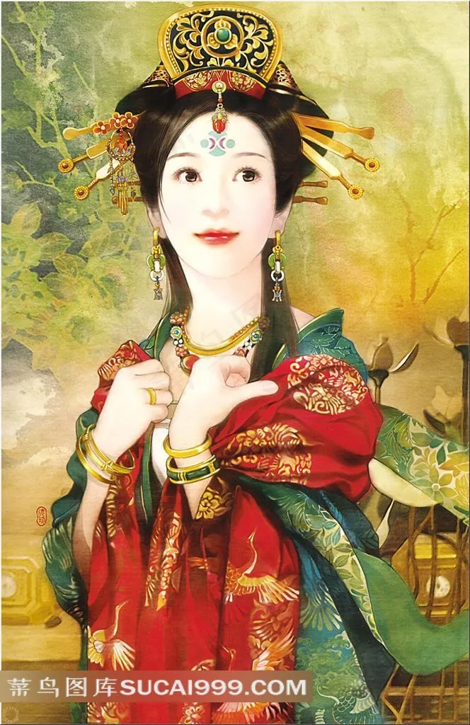 德珍手绘披红纱巾戴精美发簪的古典美人