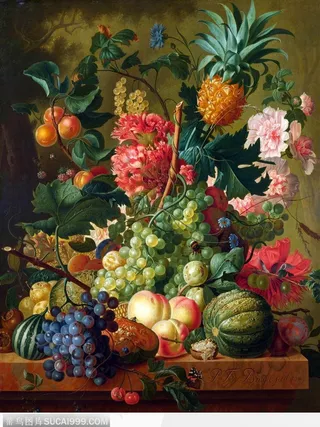 精美花卉水果静物写实油画--鲜花 桃子 葡萄 菠萝世界名画