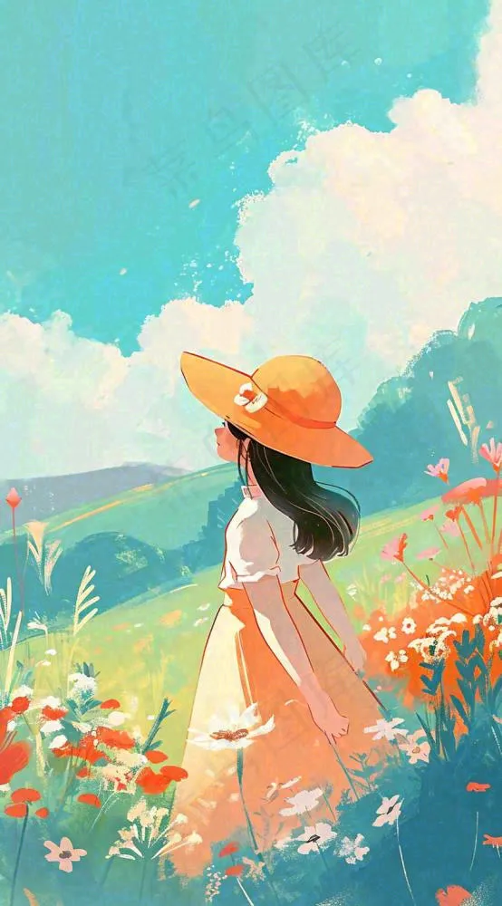 油画女孩春天踏青郊游山脉鲜花草地，春分，插画手绘(816x1472)