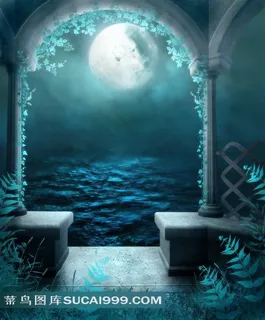 精美月亮古亭婚纱照背景图片下载