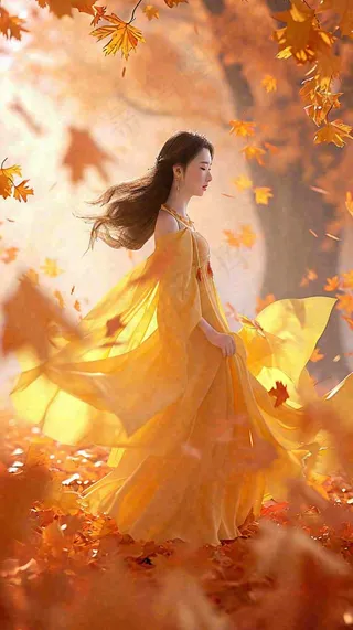 秋天意境美女仙女，秋叶浪漫温馨，立秋秋分