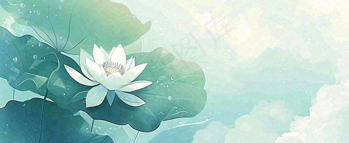夏天荷花荷叶手绘绿色插画，夏至小暑大暑(1712x704)
