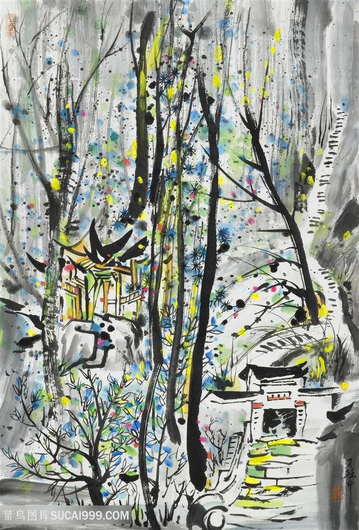 吴冠中手绘水彩树木凉亭装饰画