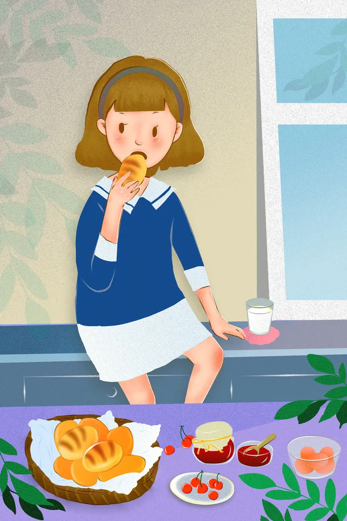 卡通画女孩早餐PSD素材psd模版下载