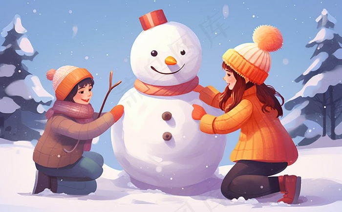 冬季下雪堆雪人孩子们儿童卡通插画背景(1392x864)