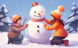 冬季下雪堆雪人孩子们儿童卡通插画背景