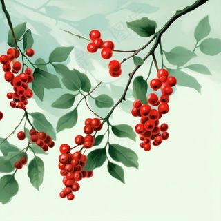 树枝上的红色果实小清新植物水墨画插画素材
