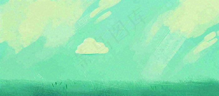 春天绿色插画手绘森林草地，白云阳光