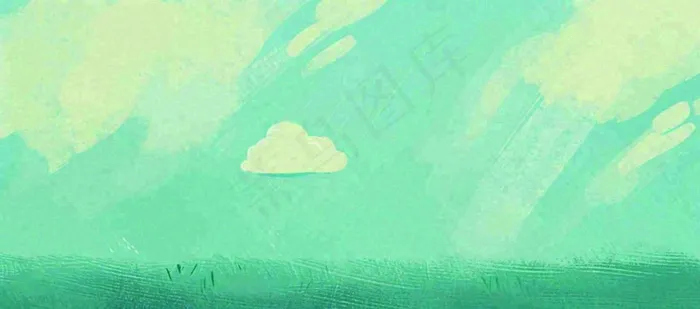 春天绿色插画手绘森林草地，白云阳光(1632x720)