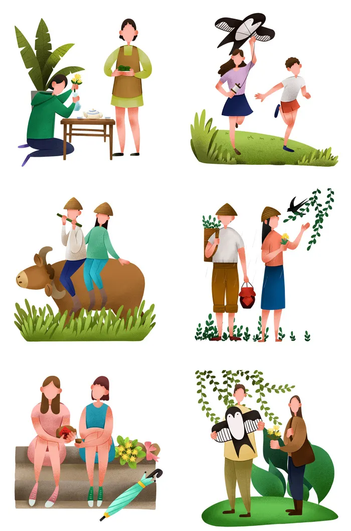 清明节青团卡通踏青人物男女孩放牛娃元素春季春游PSD设计PNG素材psd模版下载