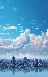 城市建筑倒影蓝天白云摄影图