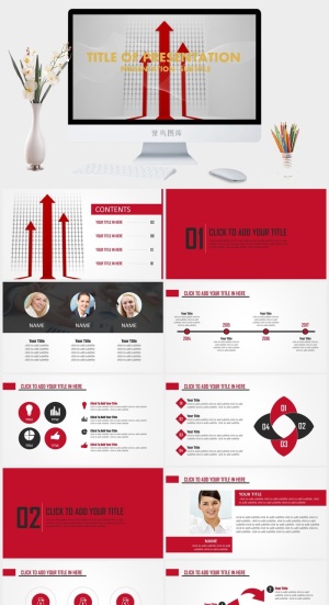 向上箭头扁平化红黑经典商务ppt模板预览图