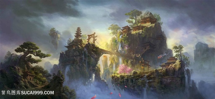 木制建筑物中国风CG原画绘画图片