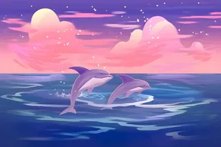 飞跃出海面的海豚晚霞素材背景