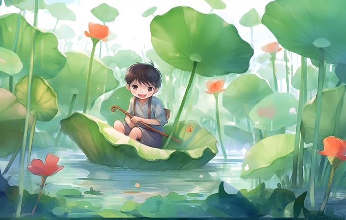 睡莲荷叶池塘里的孩子背景(3600x2286)