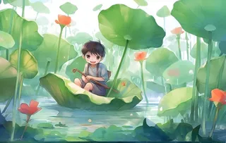 睡莲荷叶池塘里的孩子背景