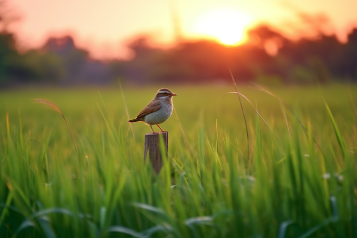 夕阳下小鸟站在树桩上草丛摄影图