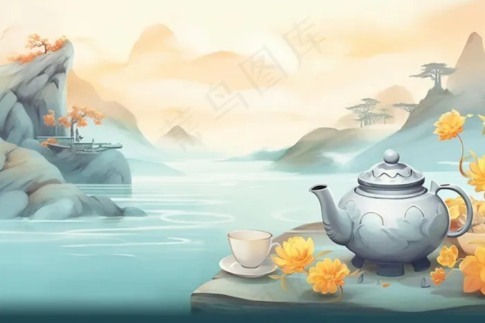 秋季山水赏菊泡茶重阳节插画素材(1344x896)
