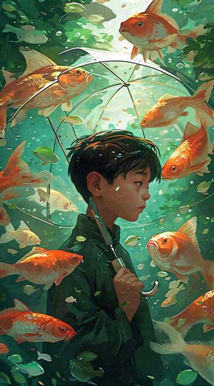 中国风金鱼喝水荷叶少年锦鲤手绘插画