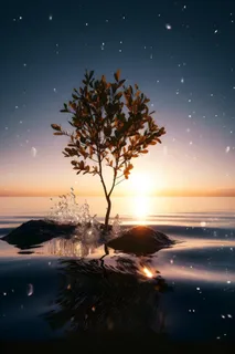 光照折射海面树枝浪花背景