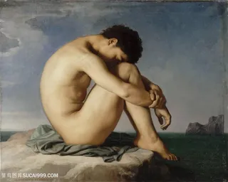 希波吕忒 · 让 · 弗兰德林，裸体青年，坐在海边