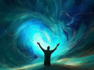 夜晚天空科幻绚丽星空下的人，暗黑天蓝