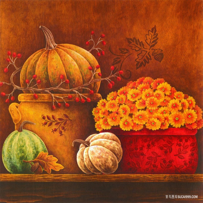 唯美花卉花瓶南瓜油画