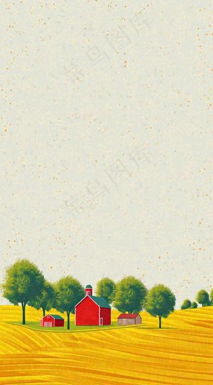 清新山脉草坪点线面扁平屋子树木手绘插画