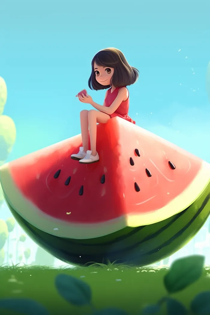 夏日坐着西瓜的少女插画素材(x)