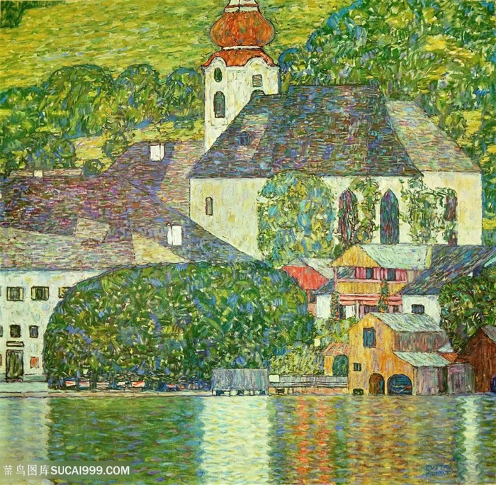 克里姆特油画水上建筑房子装饰画