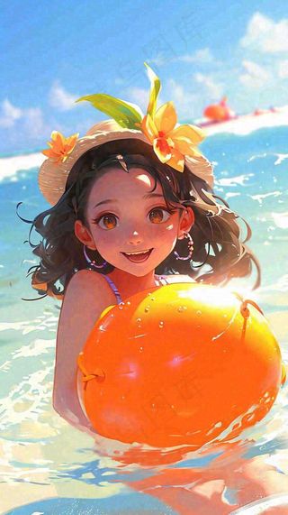 夏日阳光沙滩度假比基尼泳衣游玩旅行游泳插画，大暑小暑暑期