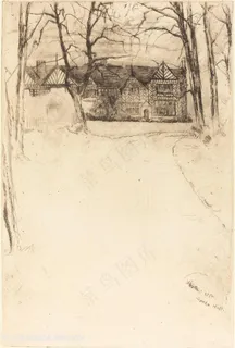 惠斯勒素描大树房子装饰画 惠斯勒素描大树房子装饰画