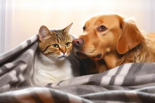 一只可爱的金毛狗和猫咪盖着毯子