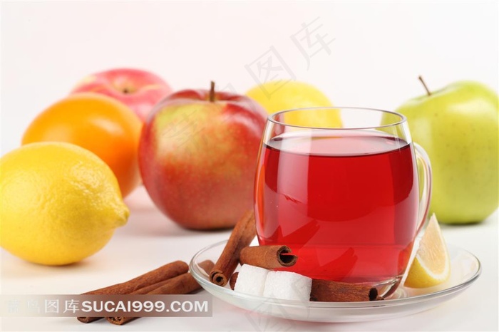 新鲜苹果柠檬和水果茶香料方糖高清摄影图