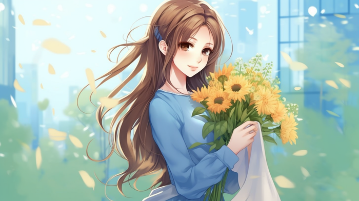 金发少女手捧向日葵花瓣卡通插画素材(x)