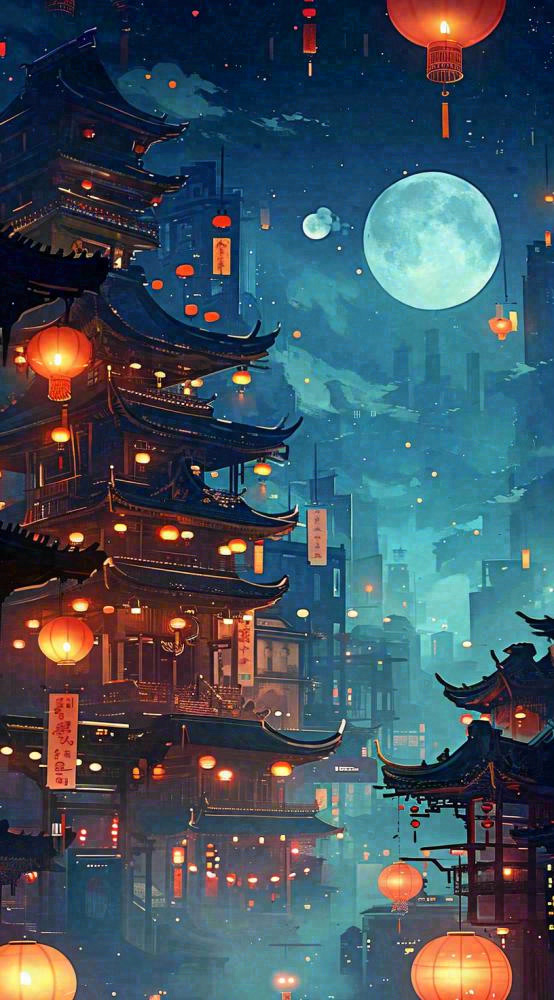 夜晚夜景月亮国风建筑灯笼星空浪漫，恐怖悬疑