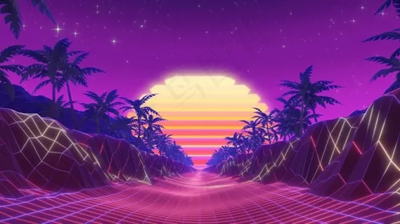 路, 干果, 棕榈树, 日落, 复古的, 未来派